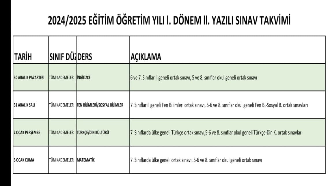 YEŞİLYÖRE ORTAOKULU 1. DÖNEM 2. YAZILI TAKVİMİ